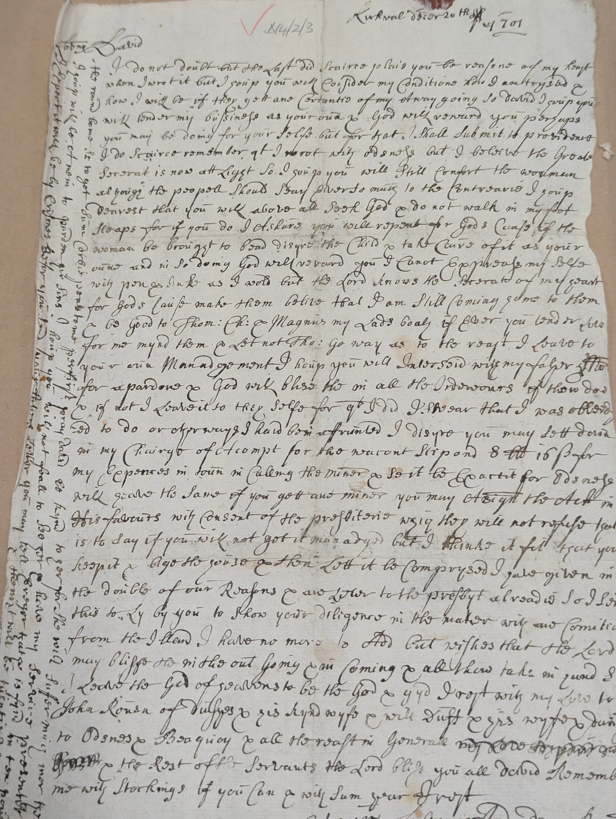 The letter from Patrick to David Traill transcribed below. It's in a leaning script that's quite different to modern handwriting